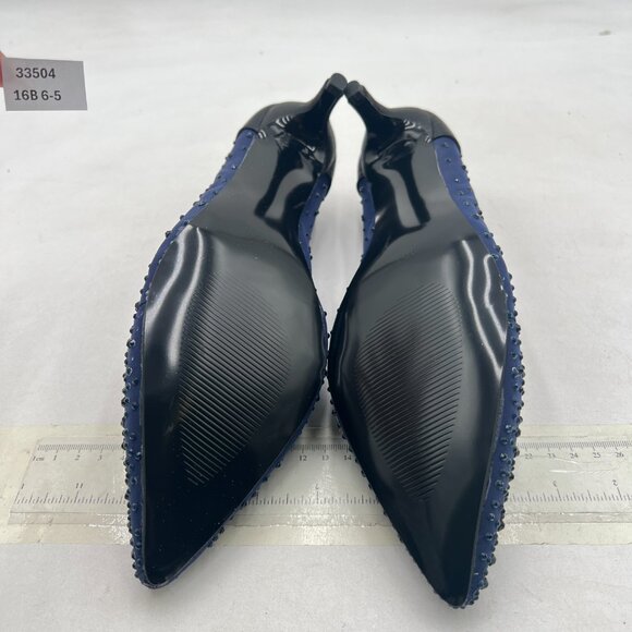 XYD Navy Pointed Toe Slip On Mesh Pumps Rhinestone Studs Comfy Kitten Heels Shoe - Picture 7 of 8